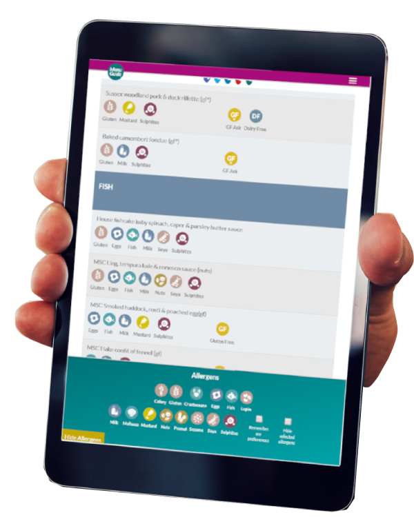 Menu Guide food allergen software on a tablet